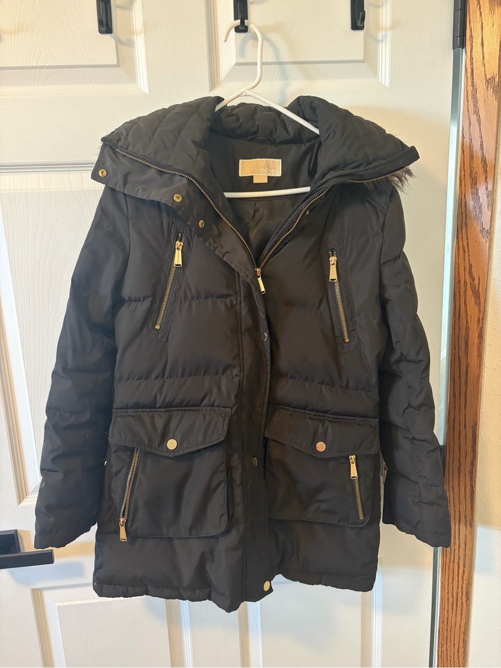 Michael Kors Dark Olive Quilted Hooded Puffer Coat with Gold Hardware